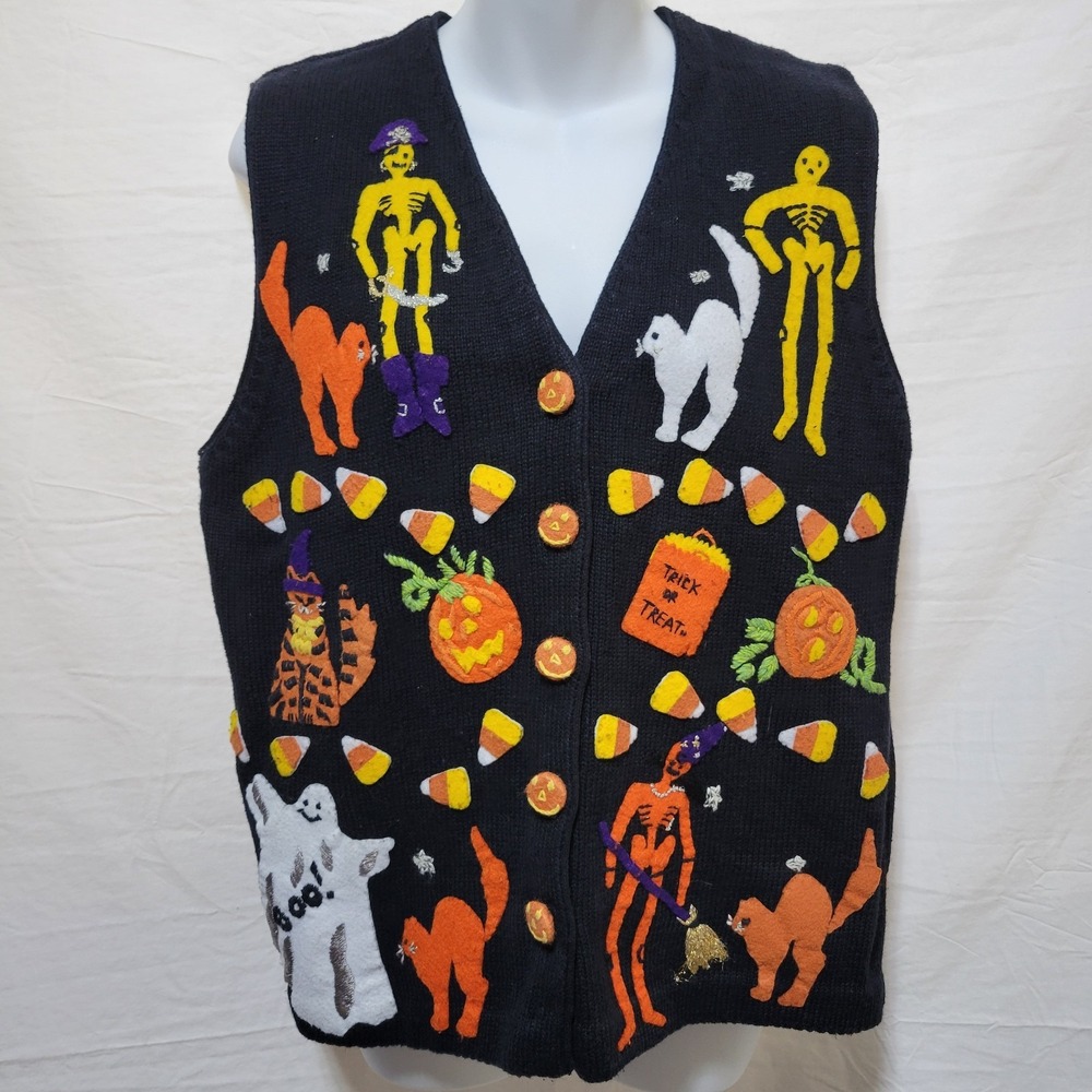Susan Bristol Womens Size M Halloween Sweater Vest Skeleton Pirates Cats JOL
